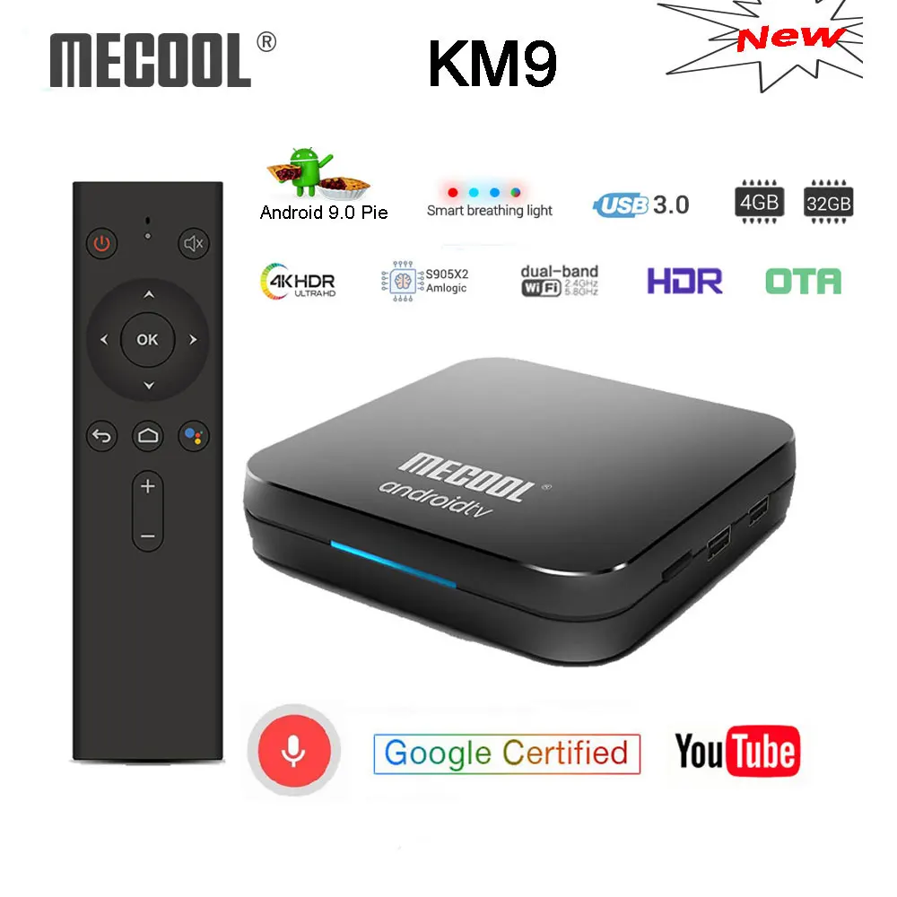 

MECOOL KM9 Google Certified Android 9.0 TV Box 4G DDR4 32G ROM Voice Remote S905X2 2.4G/5G WIFI BT 4.0 4K 3D H.265 Media player