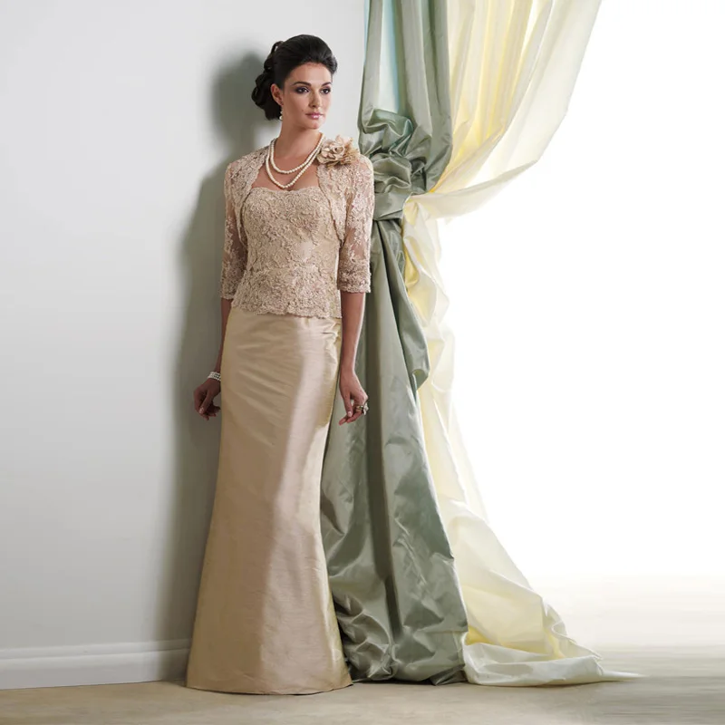 Top Selling 2017 Online Dress For Mum Strapless Full Length Champagne Lace Jacket Elegant Mother Of