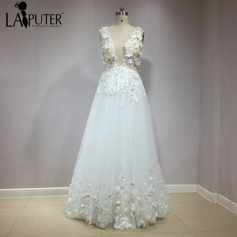 

Laiputer 2018 Deep V-neck A-line Floral wedding Dress Ivory Crystals Backless Sleeveless Elegant Wedding Bridal Gown