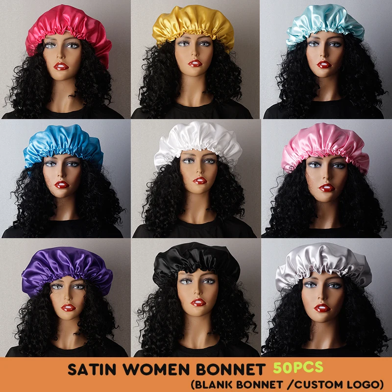 

CUSTOM LOGO 50pcs Women Satin Bonnet High Elastic Hair Cover Comfortable Night Sleep Bonnet Ladies Soft Satin Hat Hair Bonnets