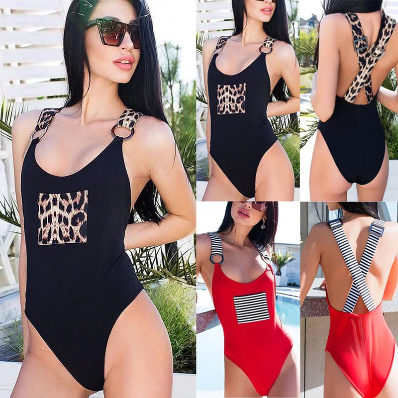 

Womens One Piece Swim Suit Lady's Swimsuit Women Swimwear 2019 With Push Up Connected 19C312 Leopard Print Back Belt Pocket