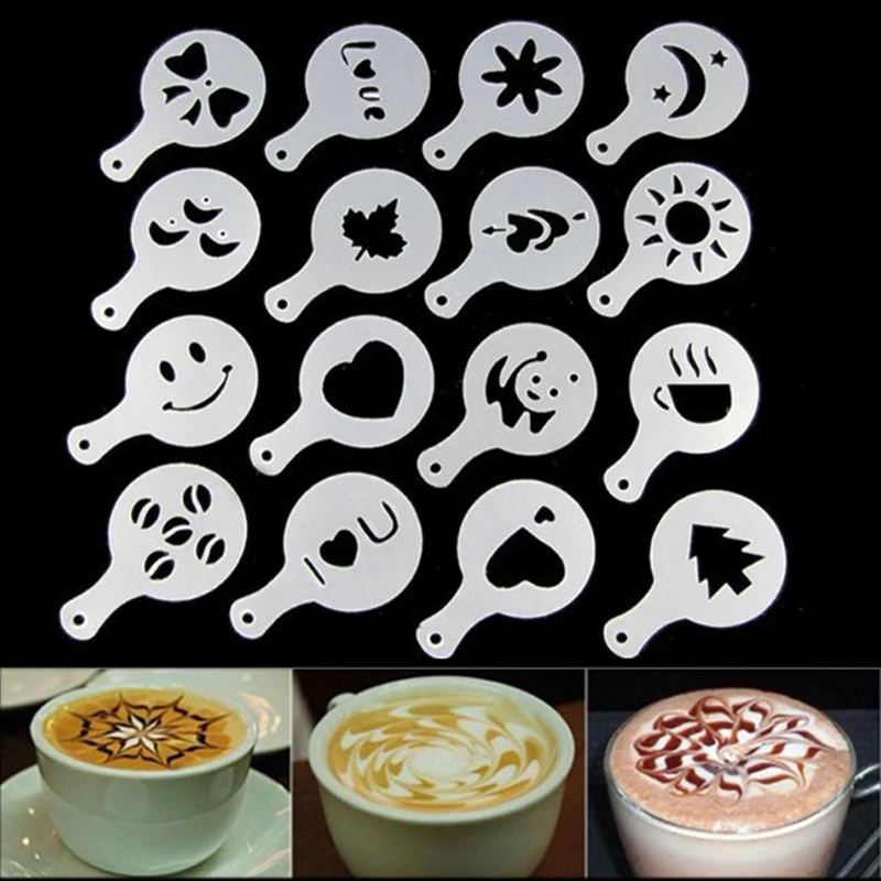 

16Pcs/set Coffee Art Tool Creative Plastic Garland Mold Barista Fancy Coffee Printing Mould Coffee Spray