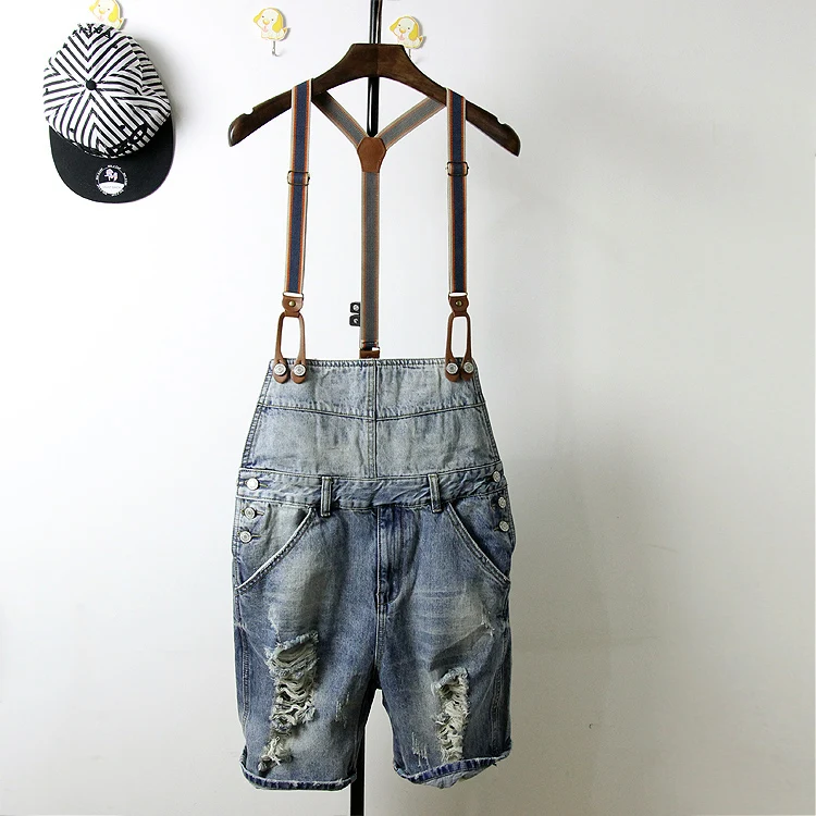 M XXL ! 2016 New Men's clothing male summer denim shorts suspenders
