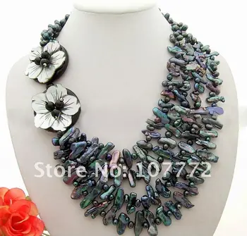 

Beautiful!4 strands Pearls Biwa Onyx Shell Flower Necklace