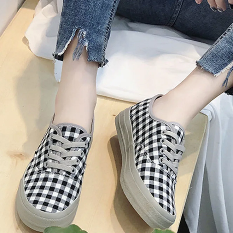 

Mixed Colors Plaid Canvas Women Shoes Flat Lace Up Trainers Women Flats Fashion Espadrilles Canvas Korean Platform Shoes Women