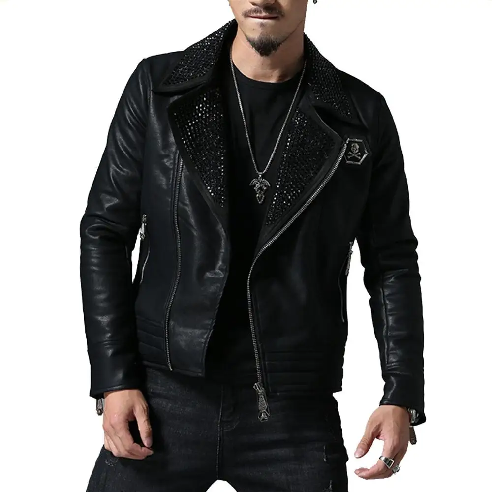 

2019 Autumn fashion Faux PU leather men jacket High Street Style Black Stand-Neck windbreak coat