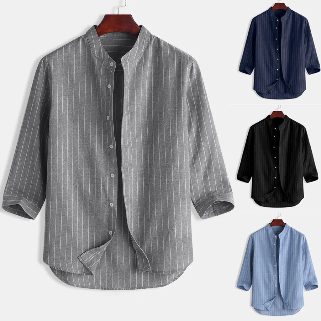 Camisa masculina, летняя мужская рубашка, повседневная, в полоску, со стоячим воротником, с рукавом 7 точек, на пуговицах, хлопковая рубашка, топ, гавайская рубашка, сорочка