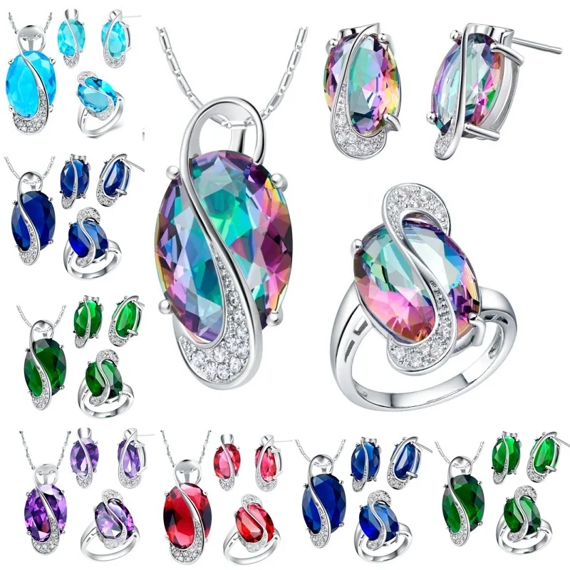 

925 Sterling Silver Sets Crystal For Women Wedding Jewelry 925 Sterling Silver Rhinestones Necklace Earring Ring For Women