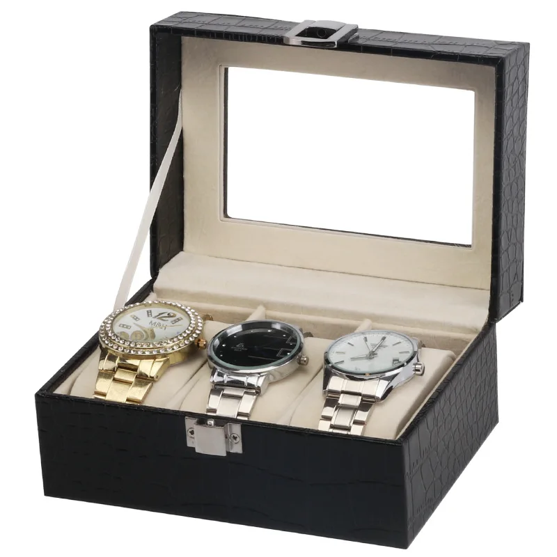 

3 Watch Box Crocodile Tricolor Watch Box Black Brown Rose Red Caja Reloj Leatherette Wood