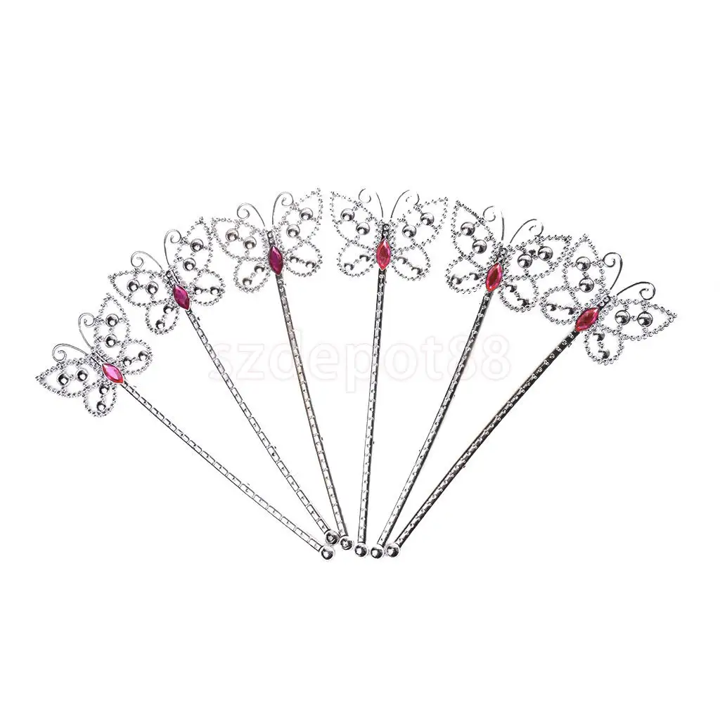 

6x Silver Fairy Princess Angel Wand Butterfly Fancy Dress Girls Magical Sceptre