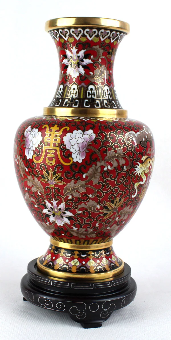 Cloisonne Vase Chinese Vintage Red Floral Fish Ornament Made By Chinese