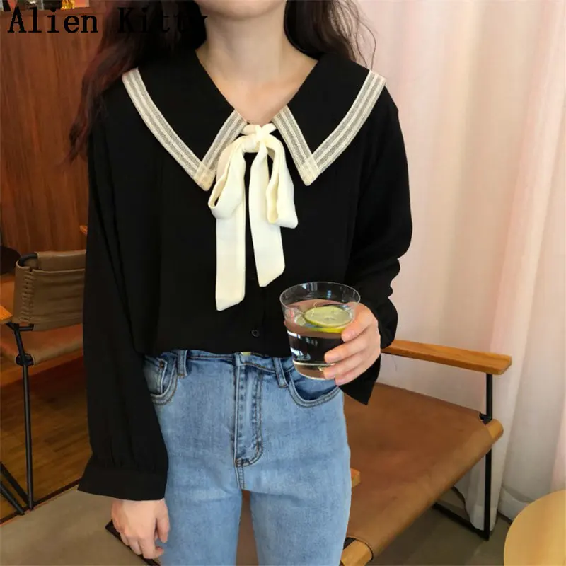

Alien Kitty 2019 Spring Bow Color-Hit New Style Soft Free Tops Casual Female Free Basic Shirts Simple Fresh Sweet Elegant Shirts
