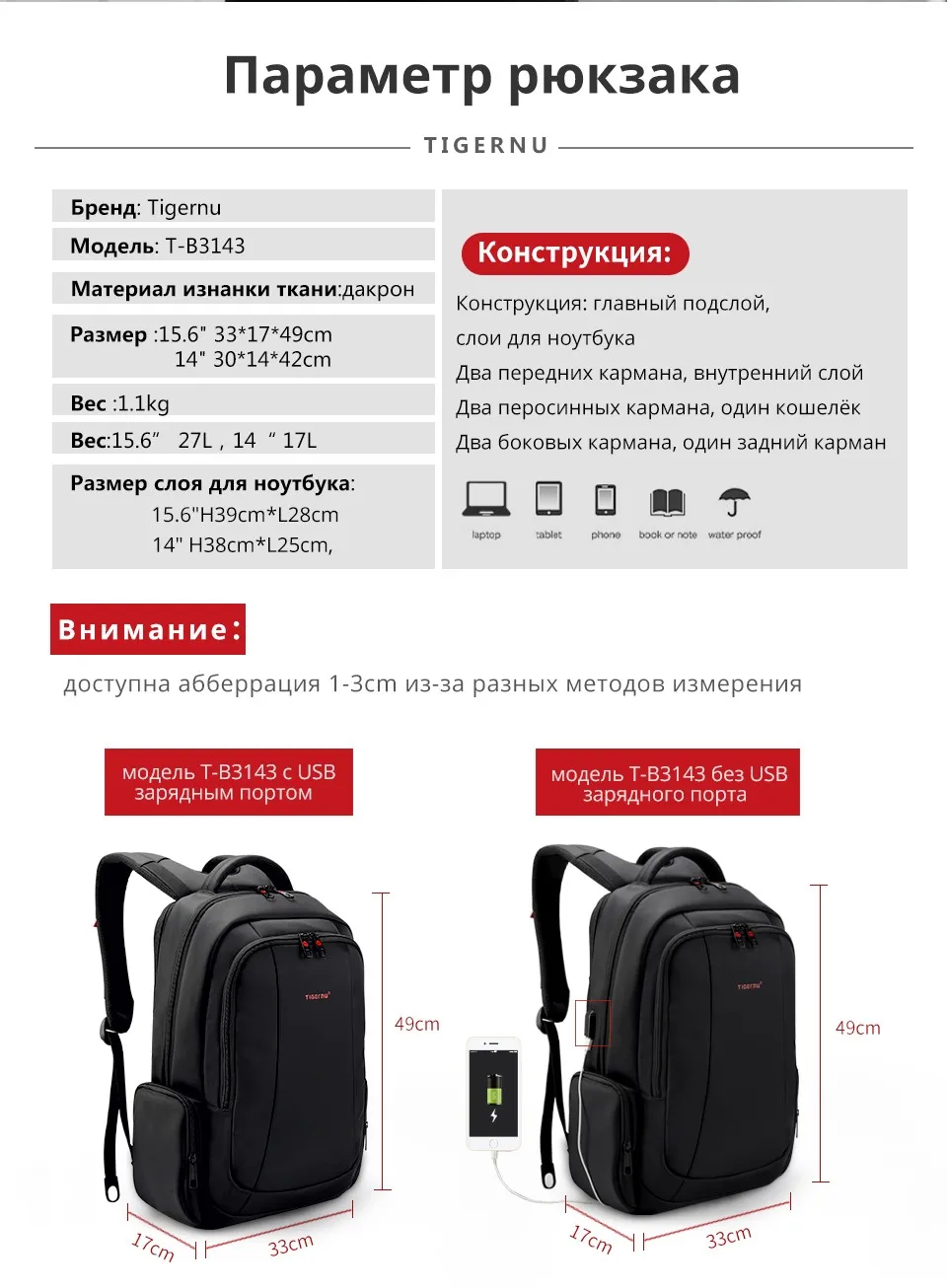 Tigernu бренд Anti theft 1" ноутбук мужской рюкзак нейлон водостойкие для женщин тетрадь сумка Mochila школьная мужской женский