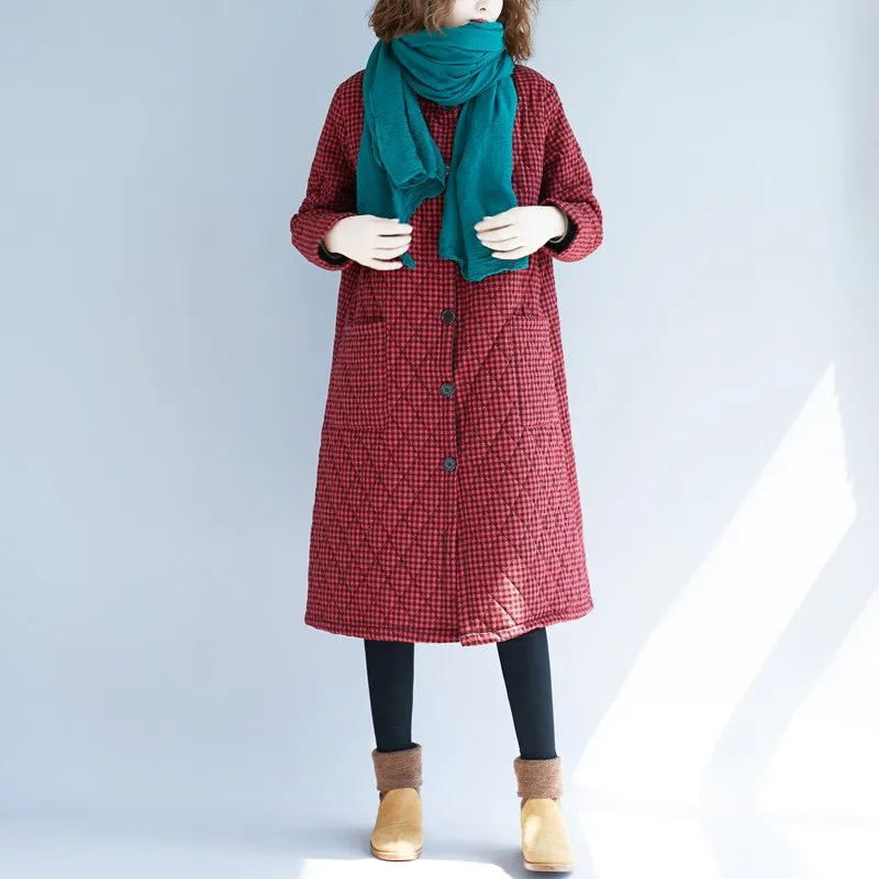 

New 2018 Autumn Winter Fashion Plaid Parkas Vintage Single Breasted Women Long Parka Casual Loose Warm Outerwear