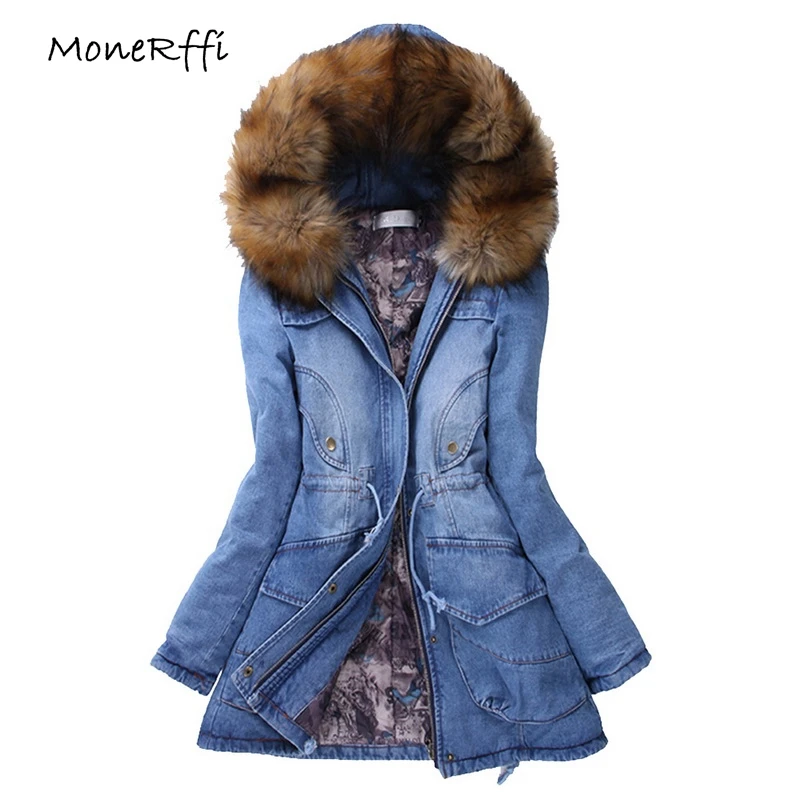 

MoneRffi 2018 Women's Denim Jackets Winter Parka Faux Fur Hooded Coat Warm Thicken Outwear Long Denim Jacket casaco feminino
