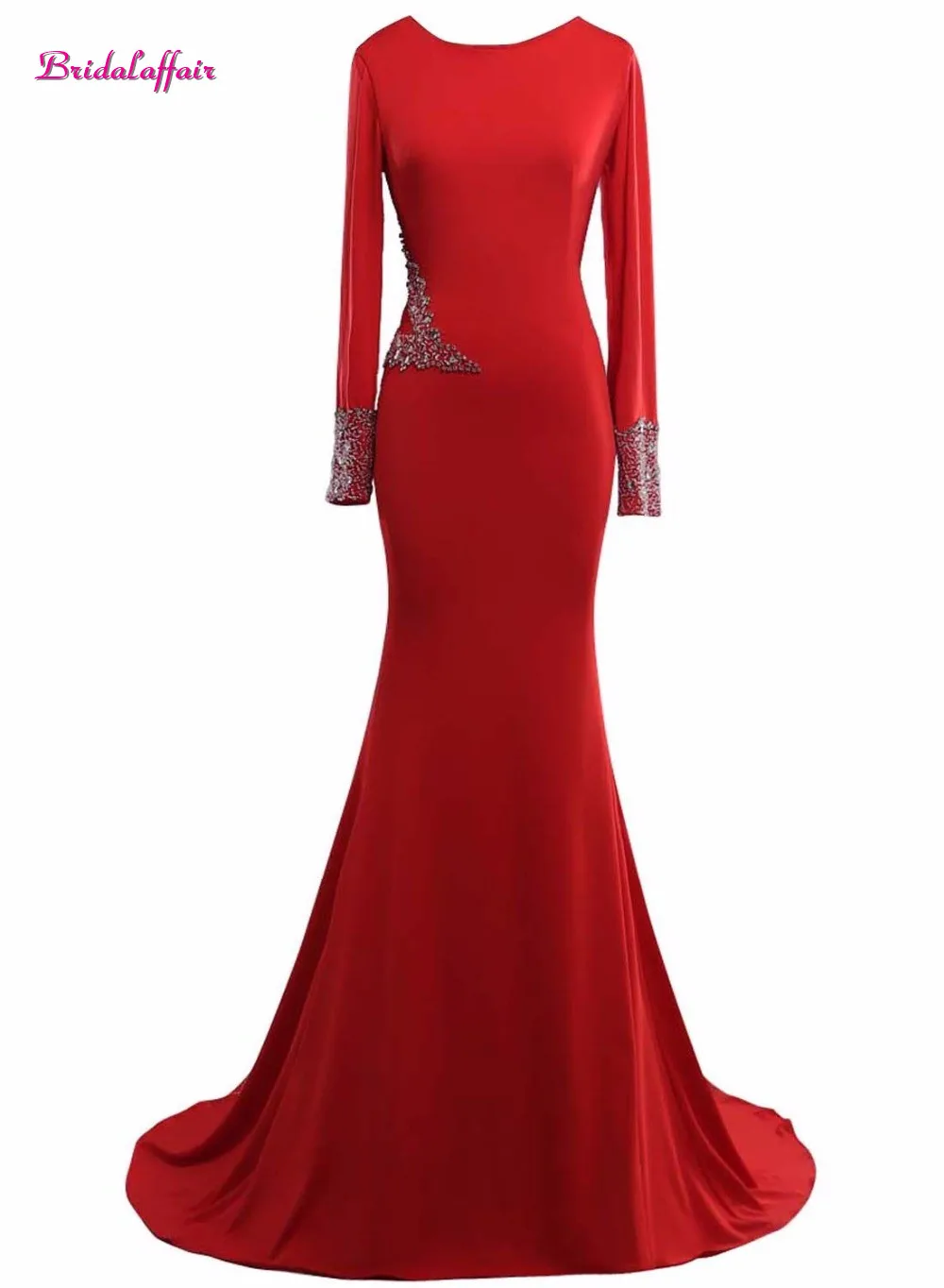 

KapokBanyan Real Photo Red Satin O Neck Prom Dresses 2017 Sweep Train Long Sleeve Appliques Party Gown New Simple Robe de soiree
