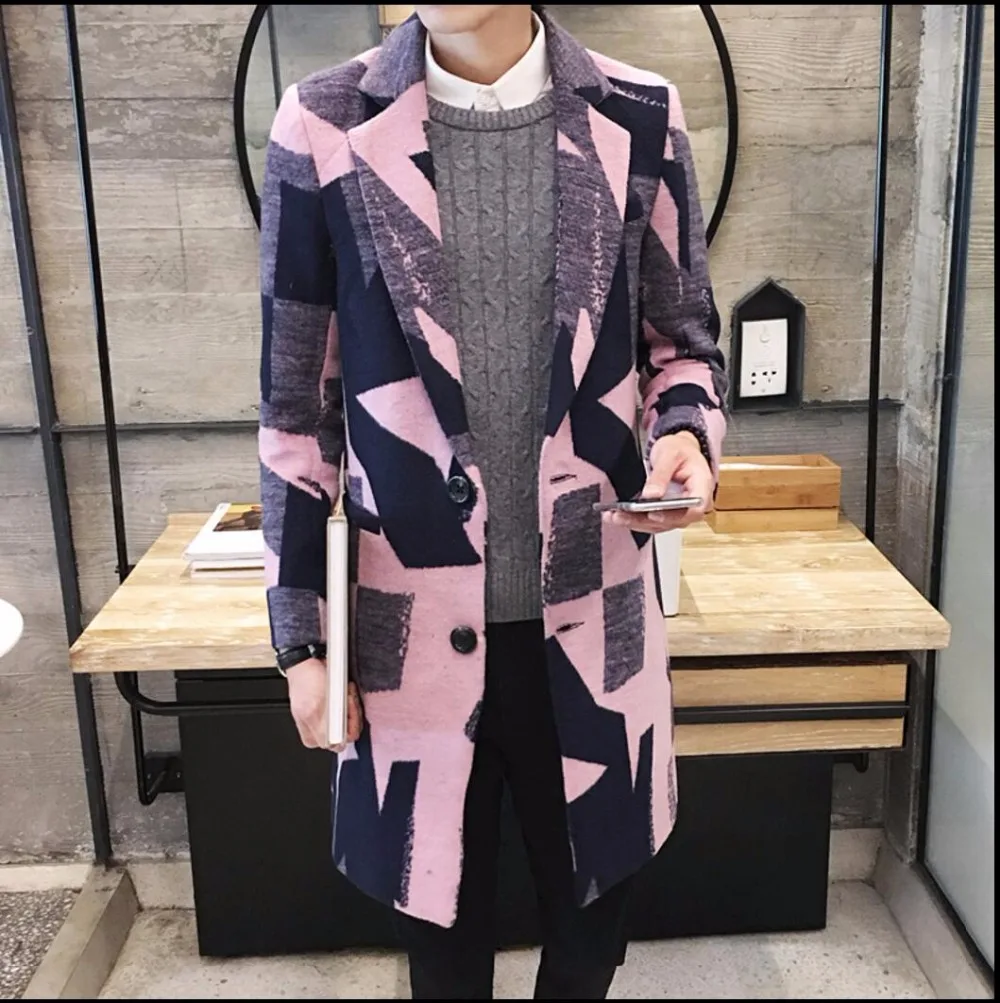 Мужской шерстяной Тренч длинный тонкий с принтом Корейская версия|men wool coat|woolen