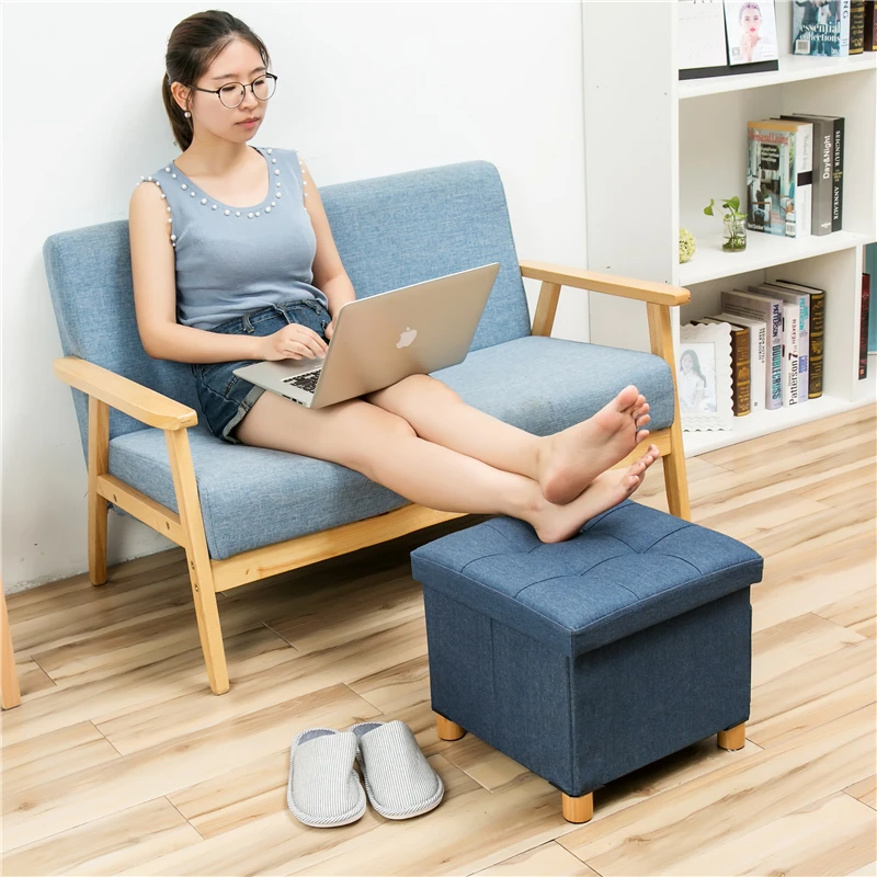 Denim fabric ottoman solid wood four feet storage stool fitting room creative slipper side pocket change shoe bench foldable