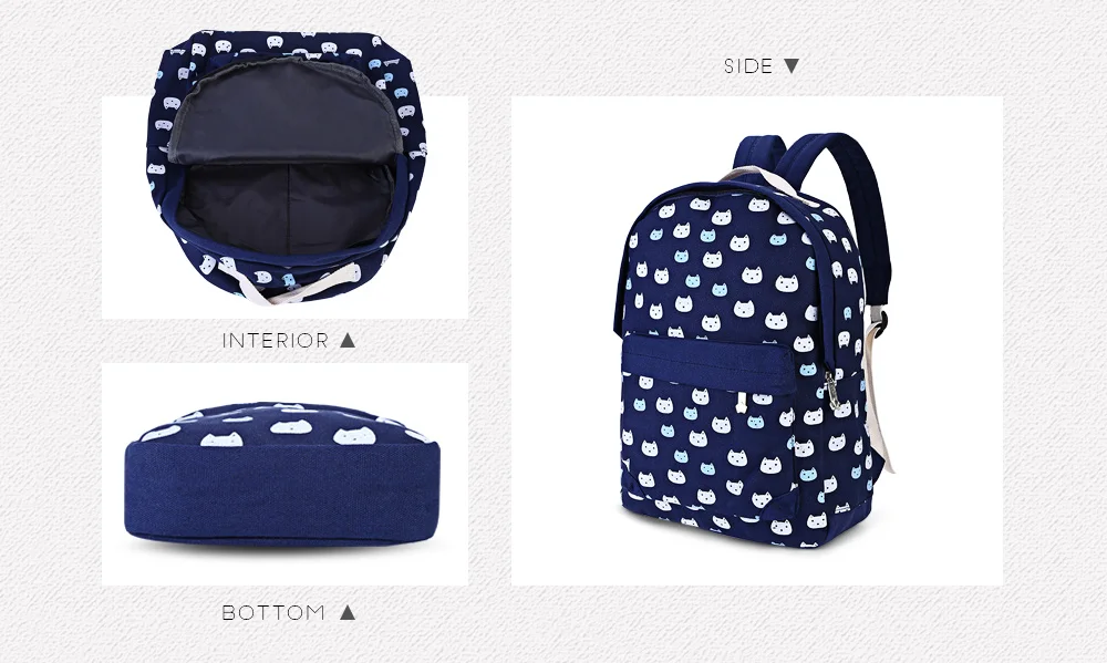 Guapabien 3pcs Preppy Style Kitten Print Zipper Backpack Shoulder Bag Wristlet