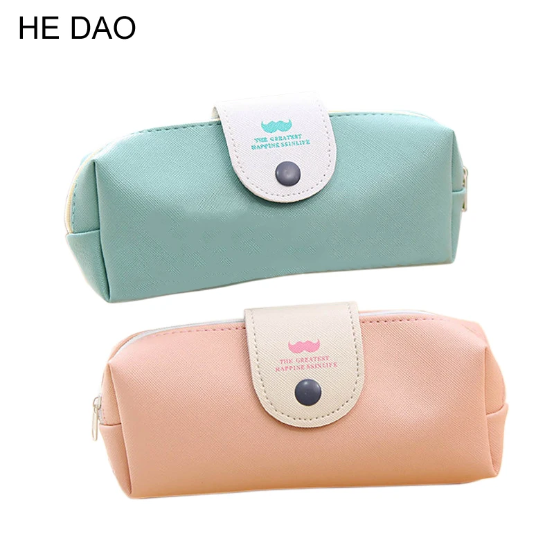 

Hot Sales New Cute Kawaii Pure Color Leather Pencil Case School Pencil Bag For Girls Korean Stationery 0803