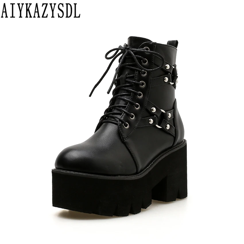 

AIYKAZYSDL Women Cross-tied Cross Strap Ankle Boots Platfrom Thick Sole Shoes Motorcycle Biker Boots Chunky Block High Heels