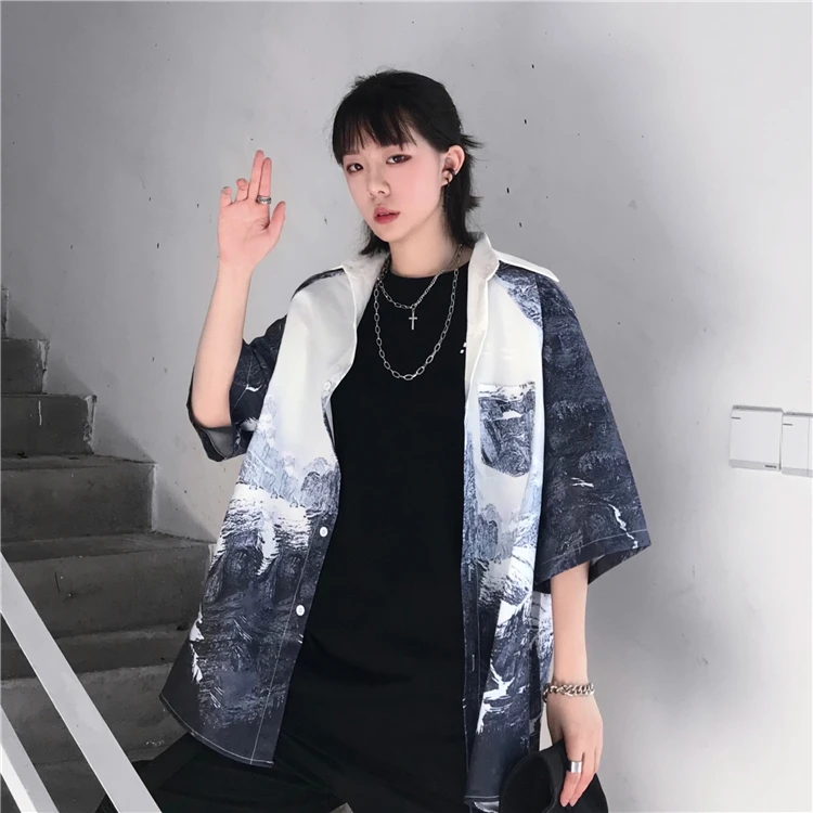 

Mr.nut shirt female Korean version i Harajuku style street dark black retro snow mountain print loose wild couple shirt