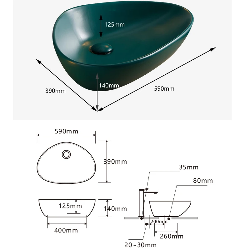 Художественные раковины для ванной комнаты 390*590*140 мм керамический сосуд темно-зеленый умывальник Простота формы с сливом и сольф шланг AM805