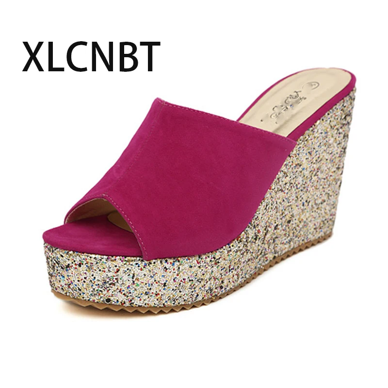 

Sequins high-heeled slipper wedge suede female half slides fashion sandals pep toe supper high heel summer outside shoes