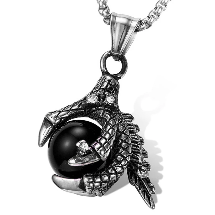 Vintage Dragon Claw Pendant Necklaces Titanium Steel Pendant Blue Red Black Crystal Beads Necklace Punk Men's Jewelry Gifts Bijoux