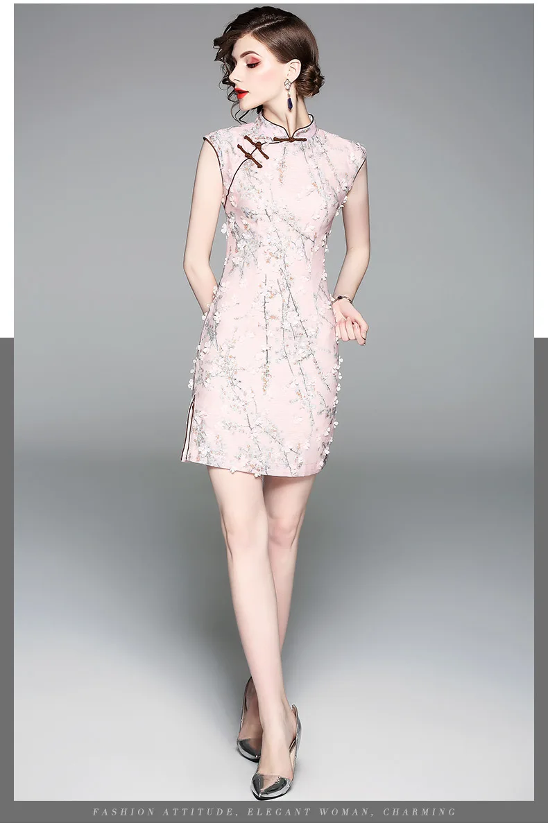 OYCP/летнее платье Новинка 2018 года; китайское платье без рукавов с вышивкой и объемным цветком для девочек; Cheongsam Qipao; платья для женщин; 80531