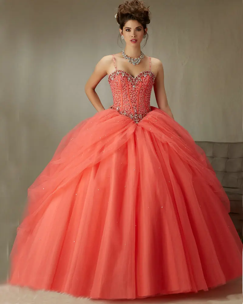 89071 Coral Quinceanera Dresses Red Capri Spaghetti Straps Sweetheart