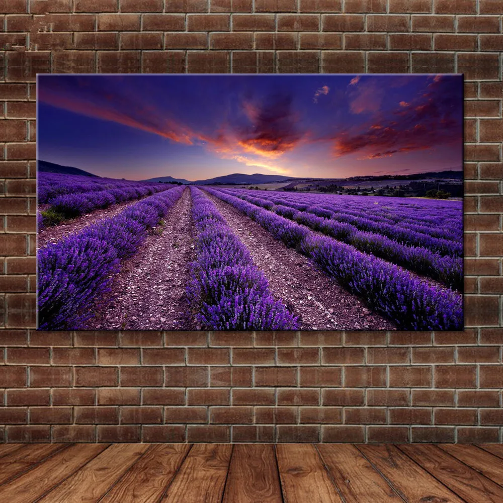 

Canvas Lavender Field Poster Sunset Glow Purple Landscape Pictures Wall Art Painting Poster Provence Landscape Mural Home Decor