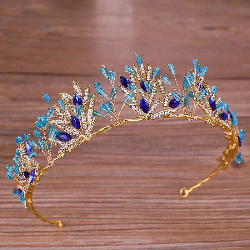 

Gold Tiaras and Crown Leaf Blue Rhinestone Crystal Hair Ornaments Headdress Bride Diadem Hair Jewelry for Wedding/Engagement LB