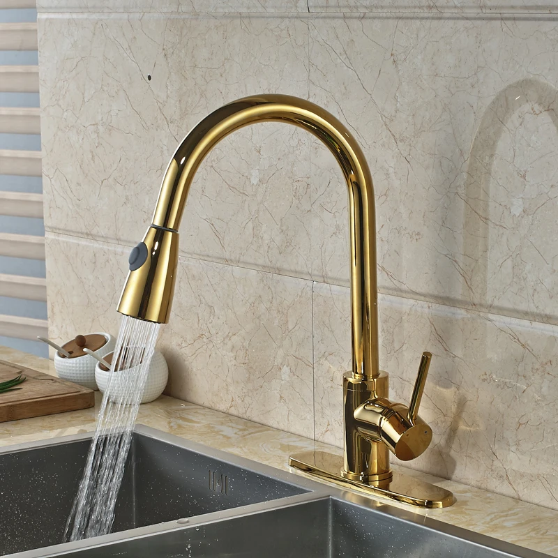 

Newly Style Deck Mounted Gold Finished Pull Out Kitchen Sink Faucet With Cover Plate