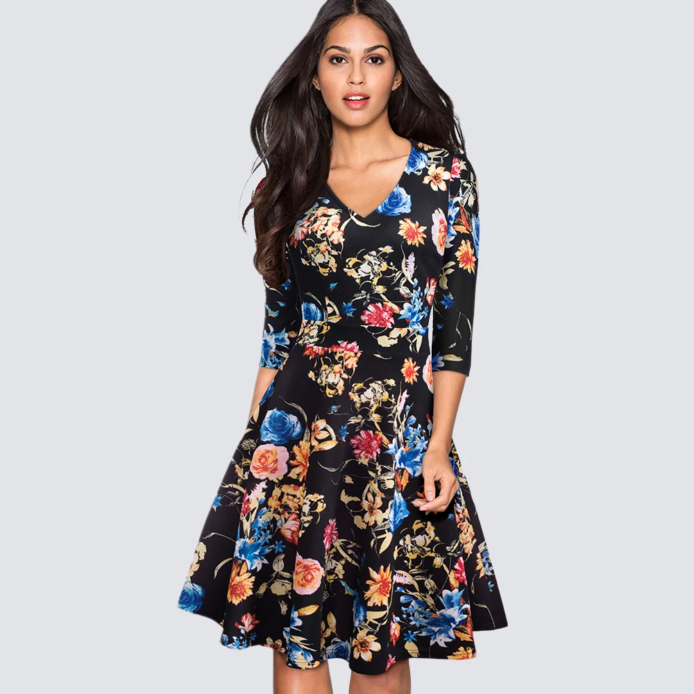 

Spring Vintage Stylish Black Floral Print Party Dress Women V-Neck Casual Work Office Swing A-line Skater Dress HA085