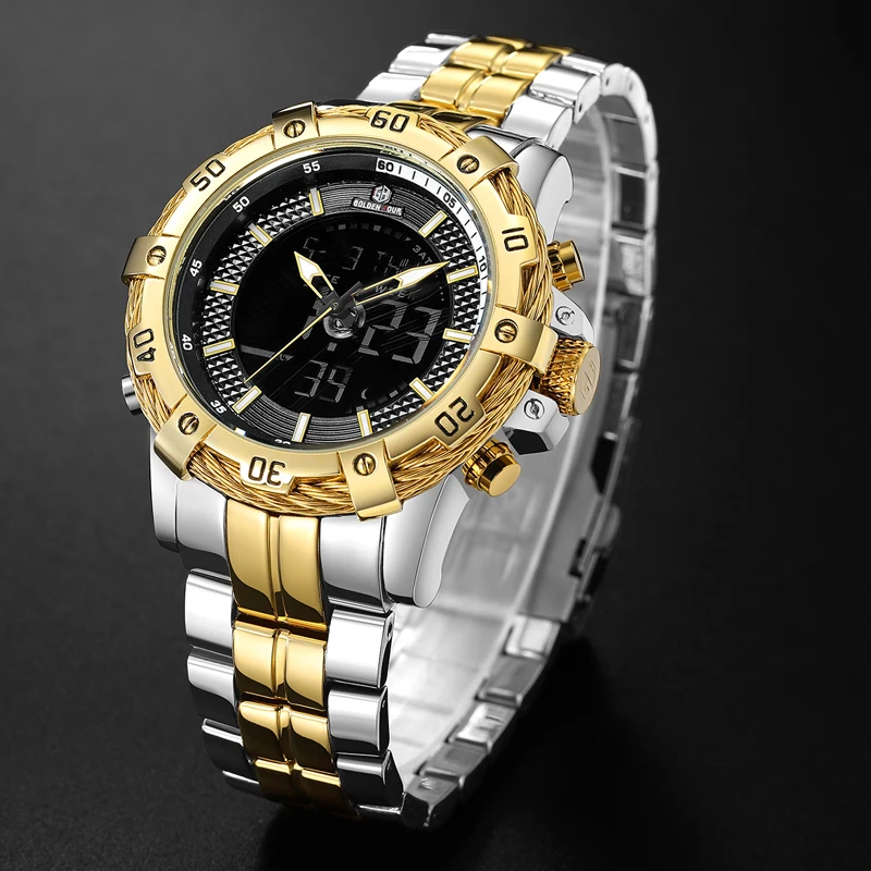 GOLDENHOUR Herren-Armbanduhr, digital, analog, sportlich, wasserdicht, zweifarbig, Edelstahl_voghion.com