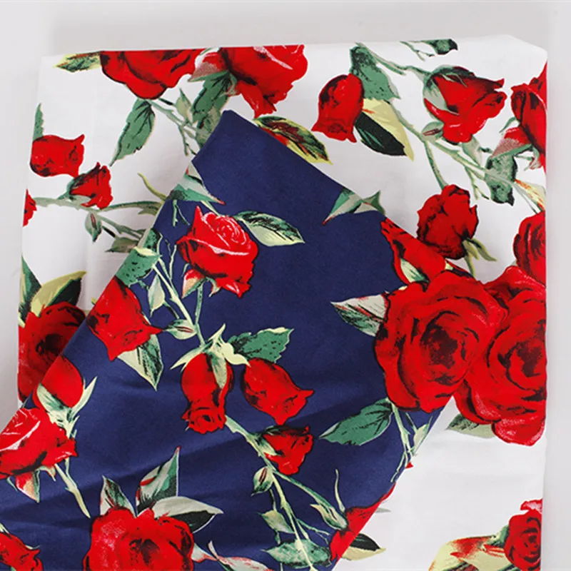 

BZ57 100*140cm Vintage Cotton Fabrics Yellow Red Rose Printed Cotton Fabric For Women Dresses Clothing DIY Stretch Fabric