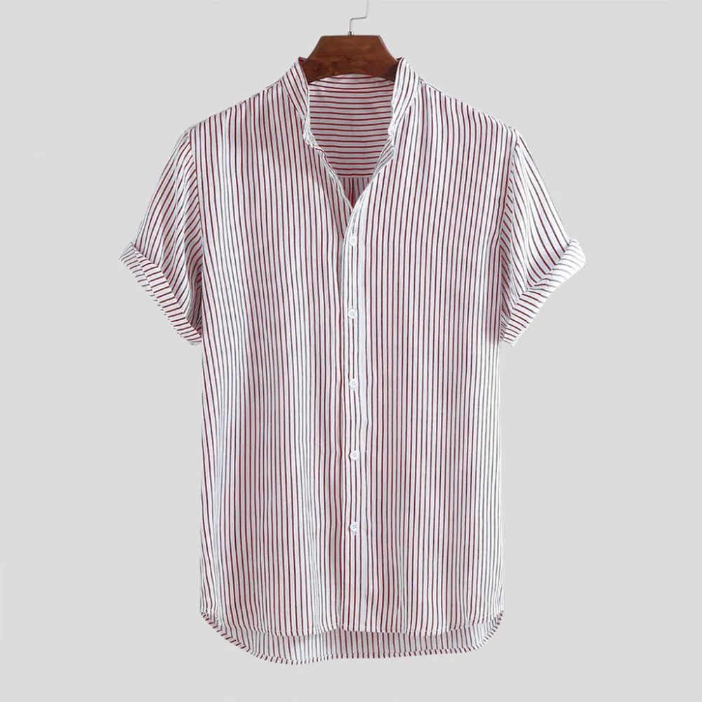 2019 men's stand collar striped summer short-sleeved running T-shirt loose buckle casual sports shirt short sleeve outdoor 40J11 (7)