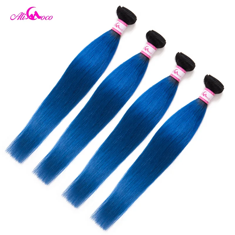 Ali Coco Brazilian Straight Hair 1/3/4 Bundles 1B/Blue Color 100% Human Hair Weave Extensions 10-30 Inch Remy Hair Weave Bundles