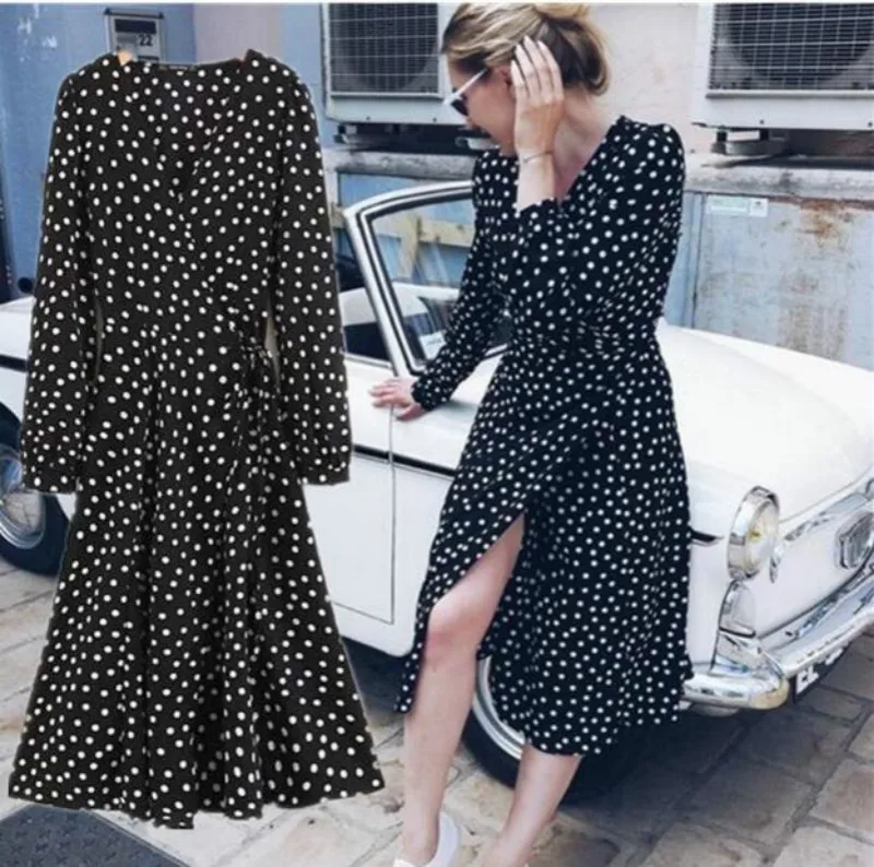 

Women White Black Polka Dots Chiffon Dress Puff Sleeves Midi Long Dress Vintage Wrap Dresses