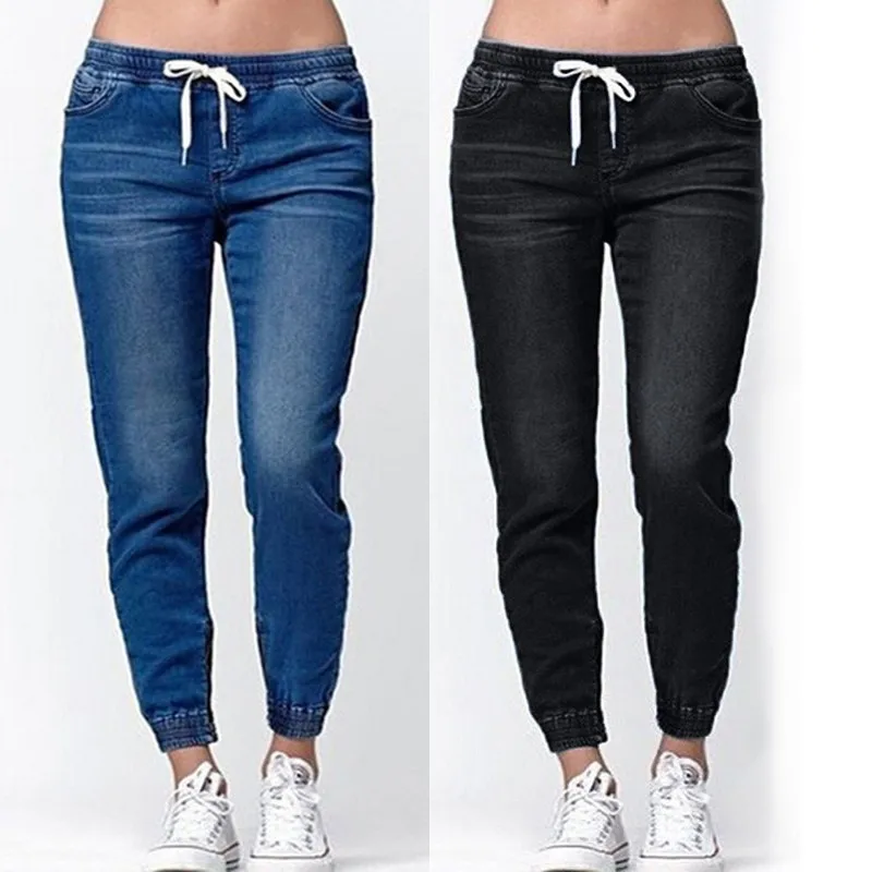 DeRuiLaDy Женские винтажные джинсы модные повседневные женские длинные джинсы на шнуровке с высокой талией тонкие большие размеры черные джинсы