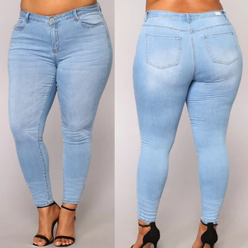 

PLUS SIZE Jeans Women High Waist regular Pencil Blue Denim Pants women bleached washed Jeans women 3XL 4XL 5XL 6XL 7XL big hip