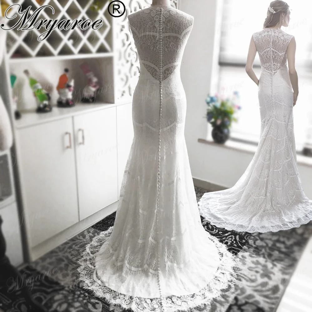 Mryarce 2018 vestido de noiva Amazing Lace Mermaid Wedding Dress V Neck Sleeveless Buttons Back Bridal Gowns Chic  (1)