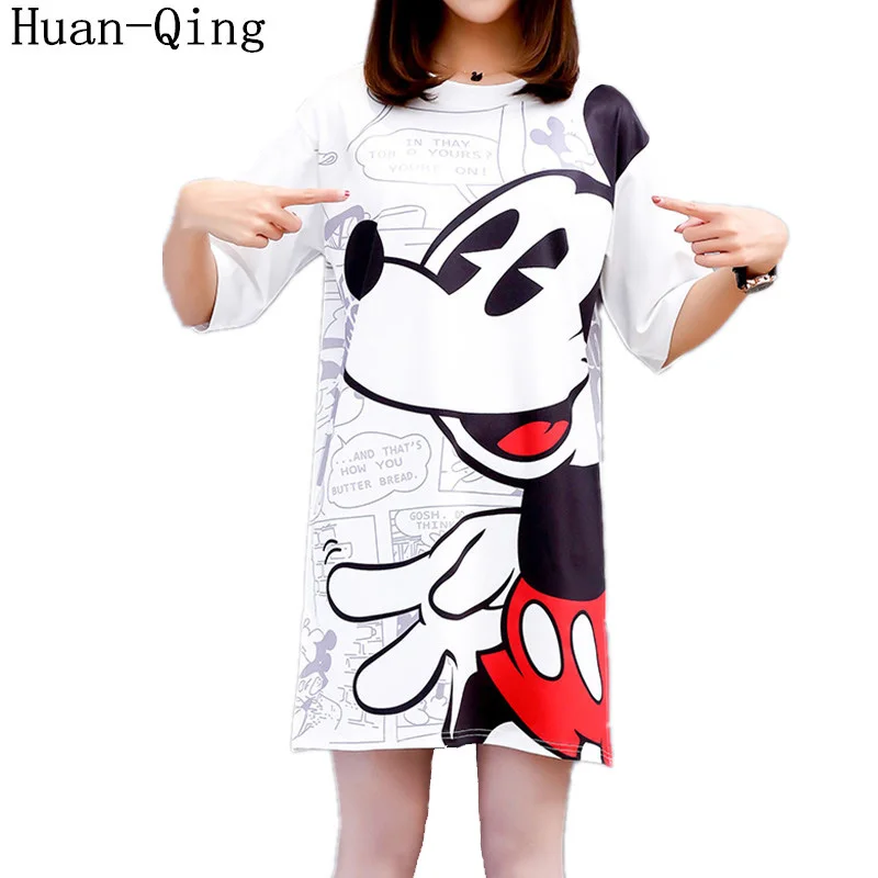 

New 2019 Summer Women Long tshirt Top Cartoon Print White T-shirt Side Split Loose T shirt Short Sleeve t shirts Plus Size Tees