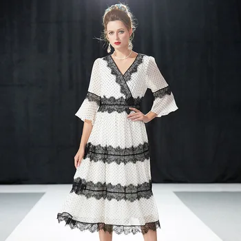 

Fashion ladies summer long chiffon Dress polka dot Elegant Dress V neck lace patchwork flare sleeve casual longos vestido XXXXXL