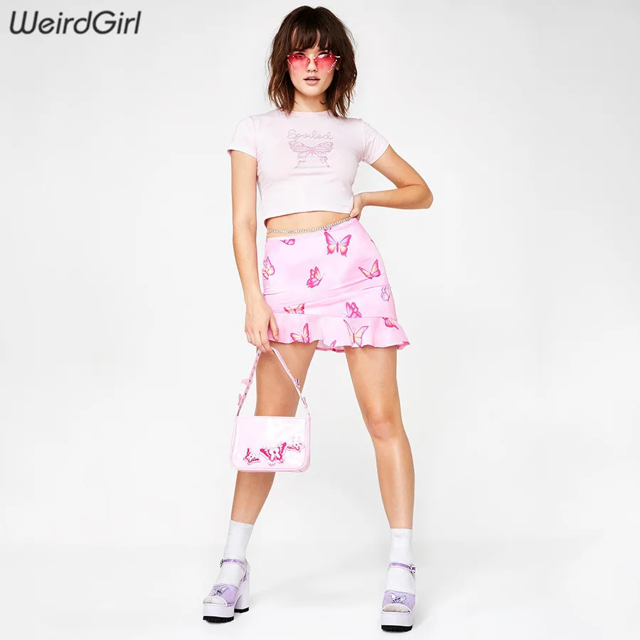 Weirdgirl Женские повседневные модные футболки с принтом бабочки и круглым вырезом с коротким рукавом Розовые растягивающиеся женские футболки новые летние женские топы
