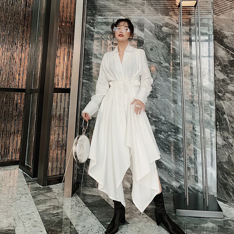 

2019 Irregular Korean Version Dress Elegant Women Dress Asymmetrical Solid Full Button Ankle-Length