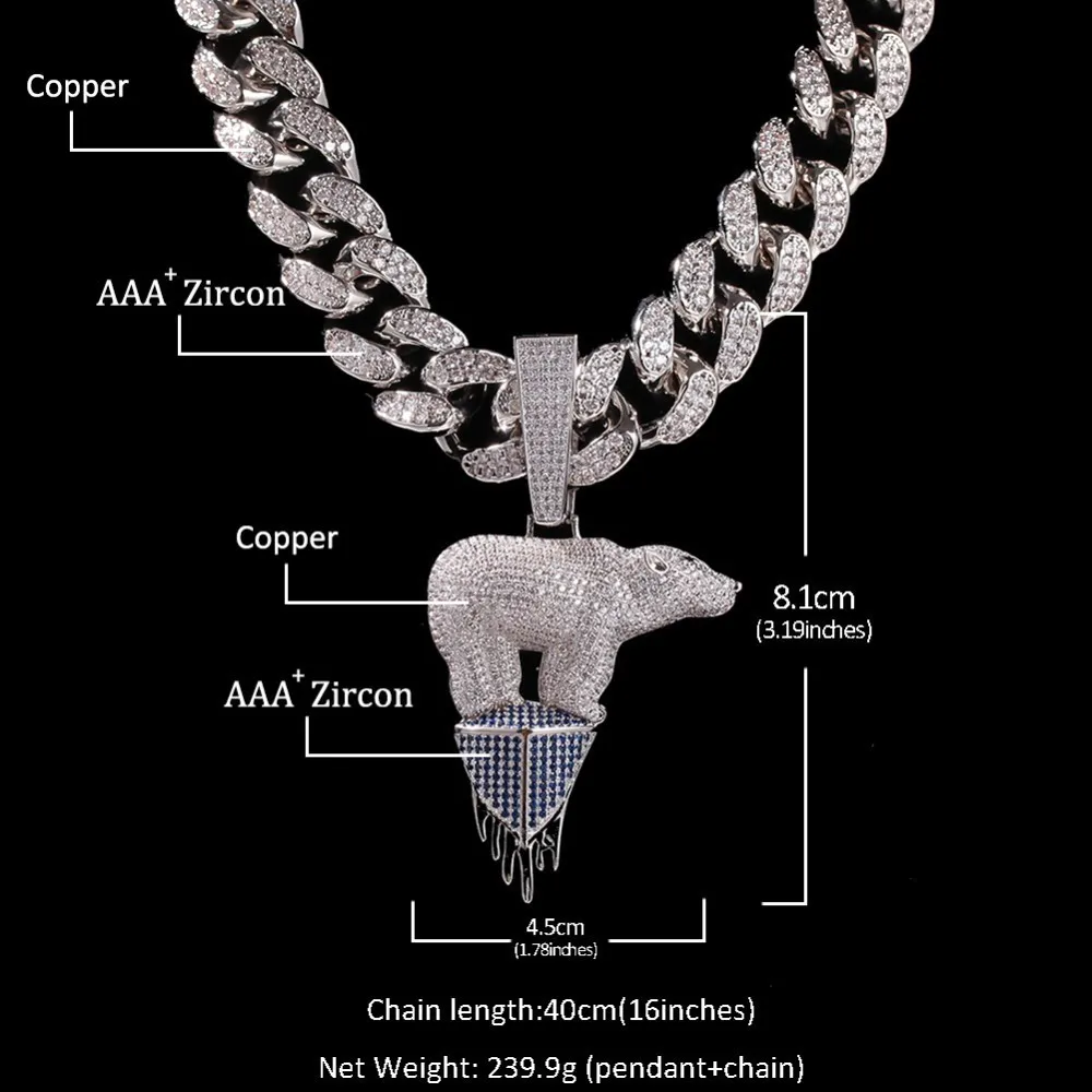 Шикарный король золотого цвета ледник Полярный медальон в виде медведя ожерелье модный хип-хоп с 20 мм кубинские цепи, Iced CZ ювелирные изделия