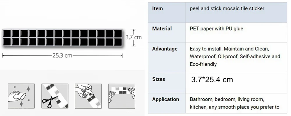 Яркие плитки, 6 листов, черные, самоклеющиеся, гладкая поверхность, Декор, виниловые обои, 3D пилинг и палочка, квадратная мозаичная плитка