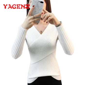 

YAGENZ Spring Autumn Sweater Women Pullover Tops Fashion Casual Warm Pink Sweater Female Long sleeve V neck Knitted Sweaters 271